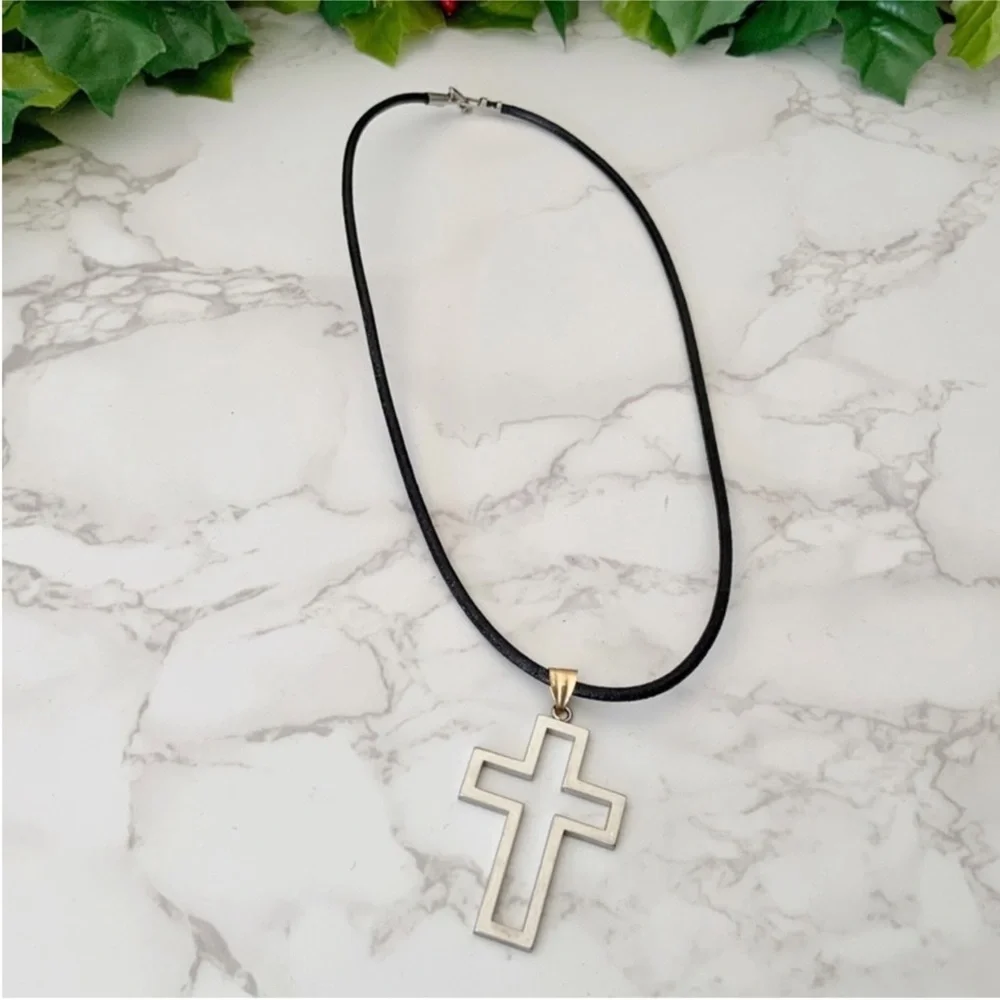 Stainless Steel Open Cross Pendant on 17” Black Cord